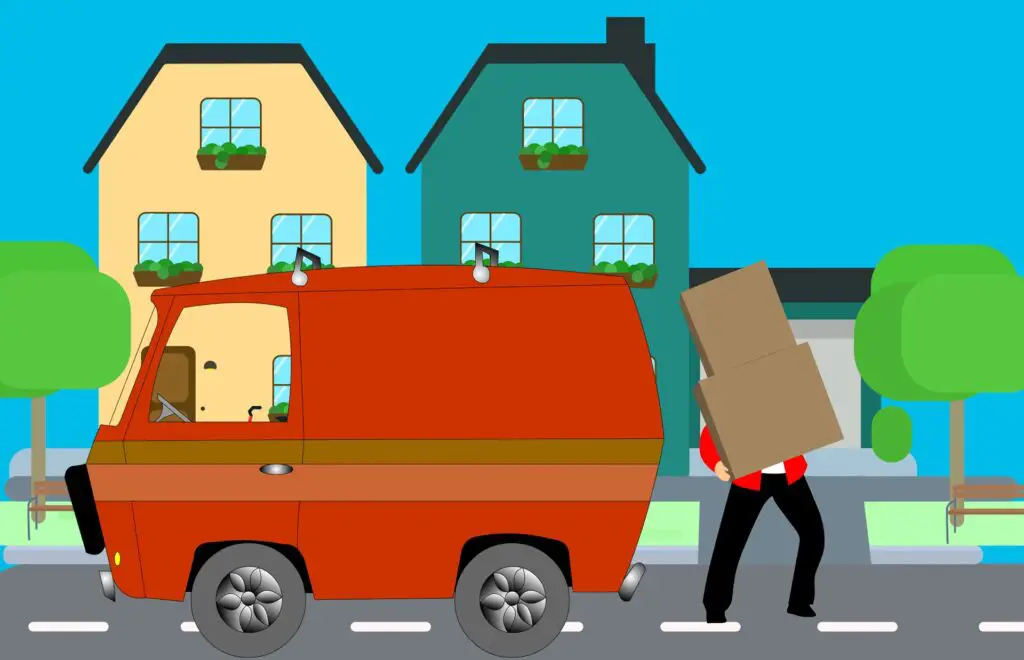 cartoon man carrying box from van 