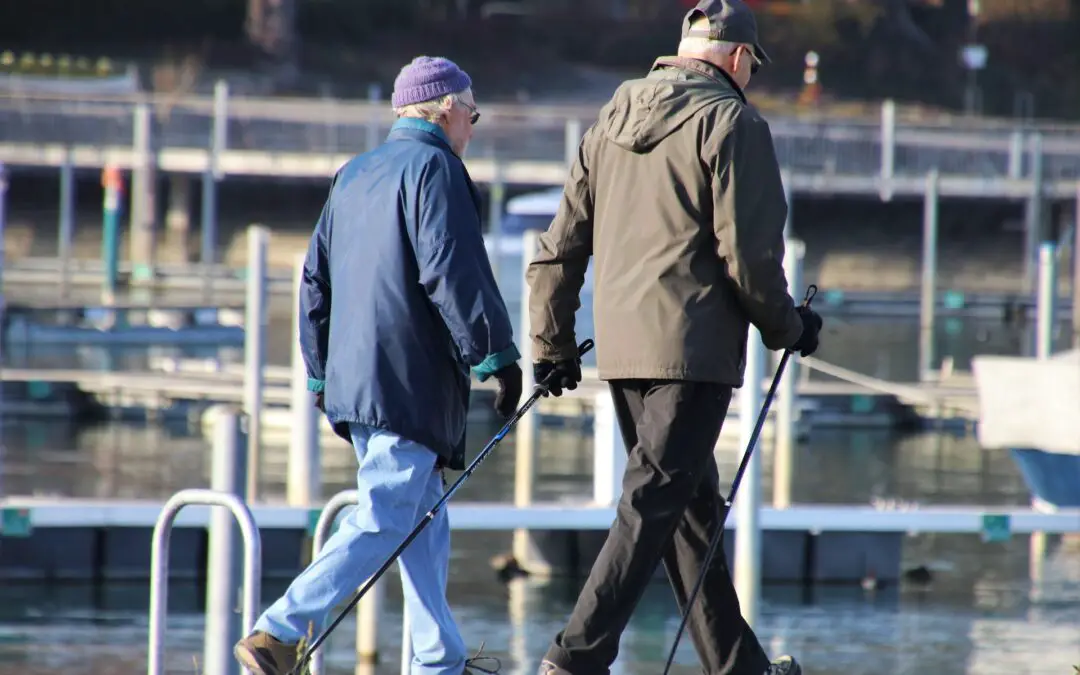 two senior men walking with trekking poles