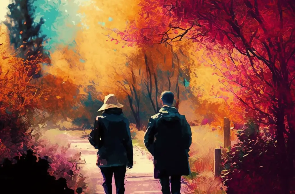 two people walking in the park