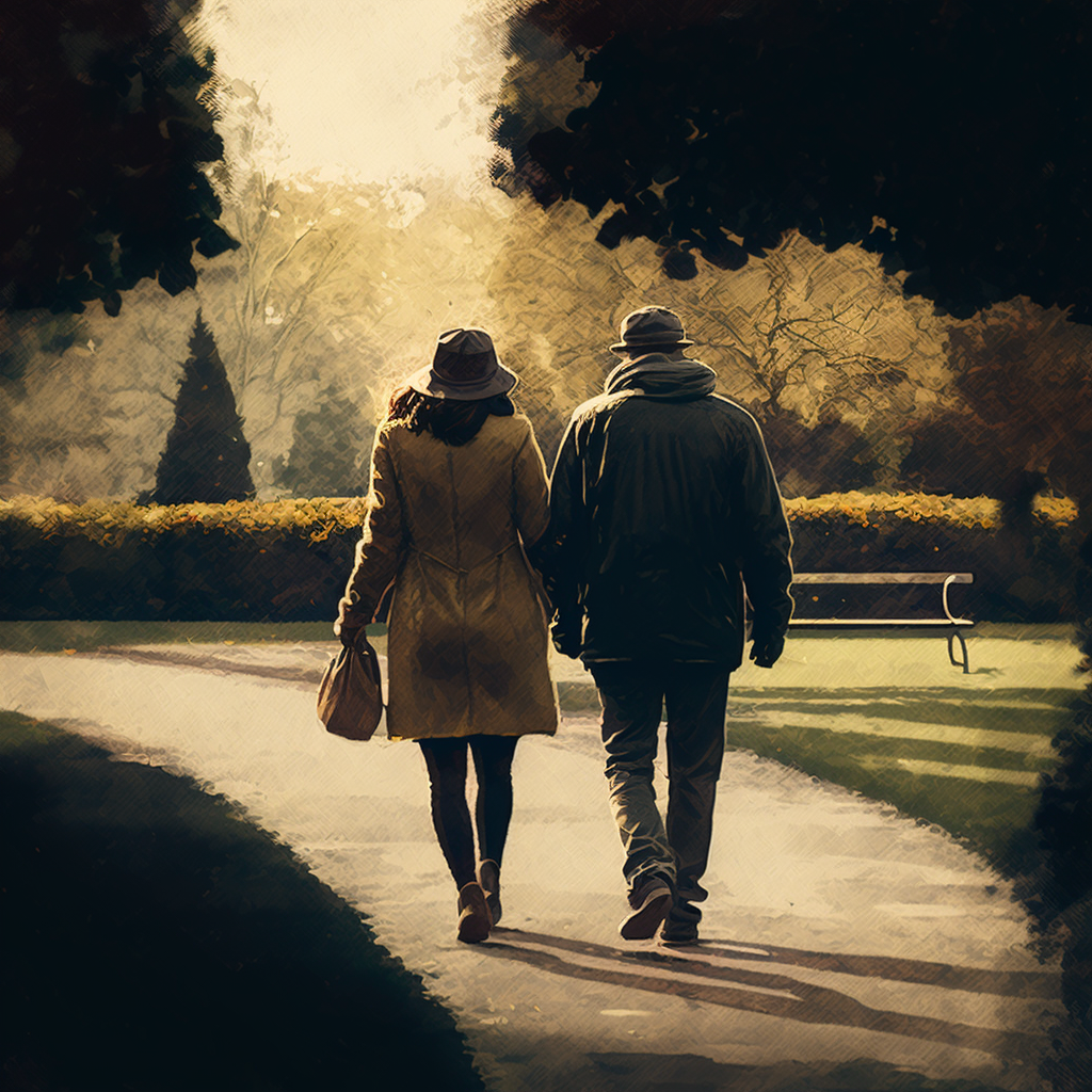 two people walking in the park holding hands