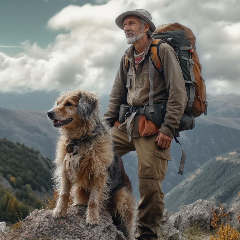 older man hiking with his dog in the mountains